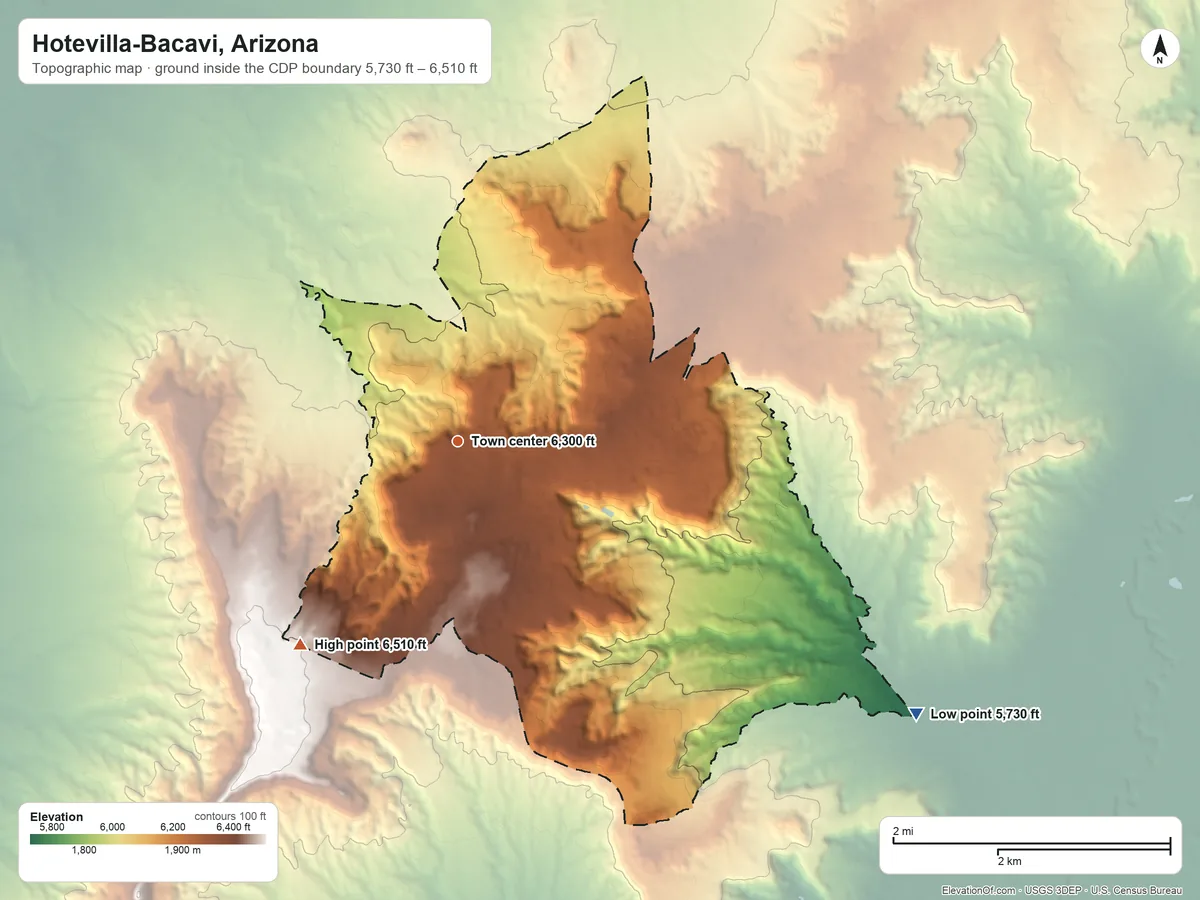 Topographic elevation map of Hotevilla-Bacavi, Arizona, shaded from 5,730 ft on the southeast side to 6,510 ft on the southwest side