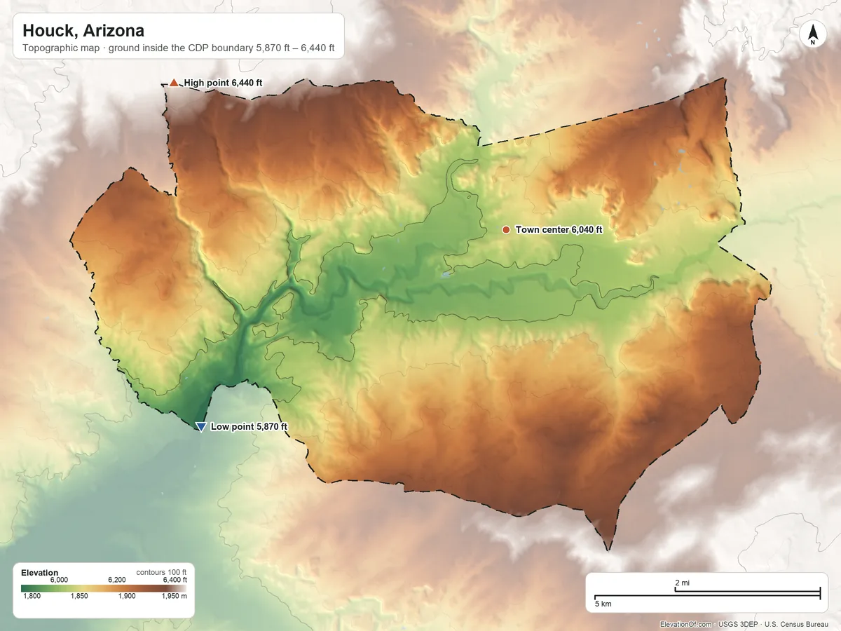 Topographic elevation map of Houck, Arizona, shaded from 5,870 ft on the southwest side to 6,440 ft on the northwest side