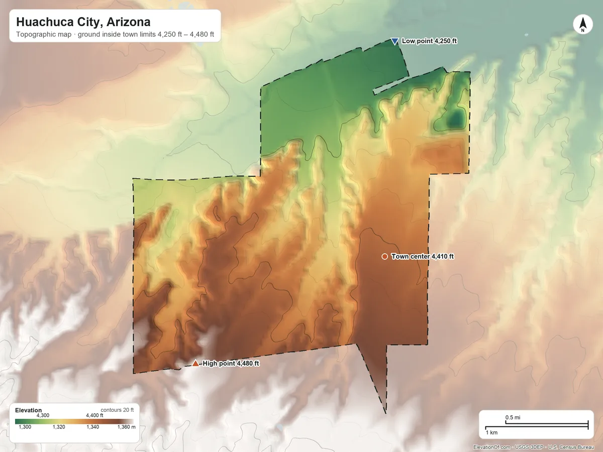 Topographic elevation map of Huachuca City, Arizona, shaded from 4,250 ft on the north side to 4,480 ft on the southwest side