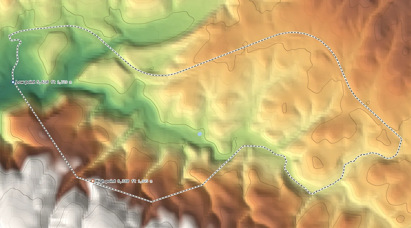 Topographic elevation map of Hunter Creek, Arizona, shaded from 5,610 ft on the west side to 6,380 ft at the foot of the Green Valley Hills