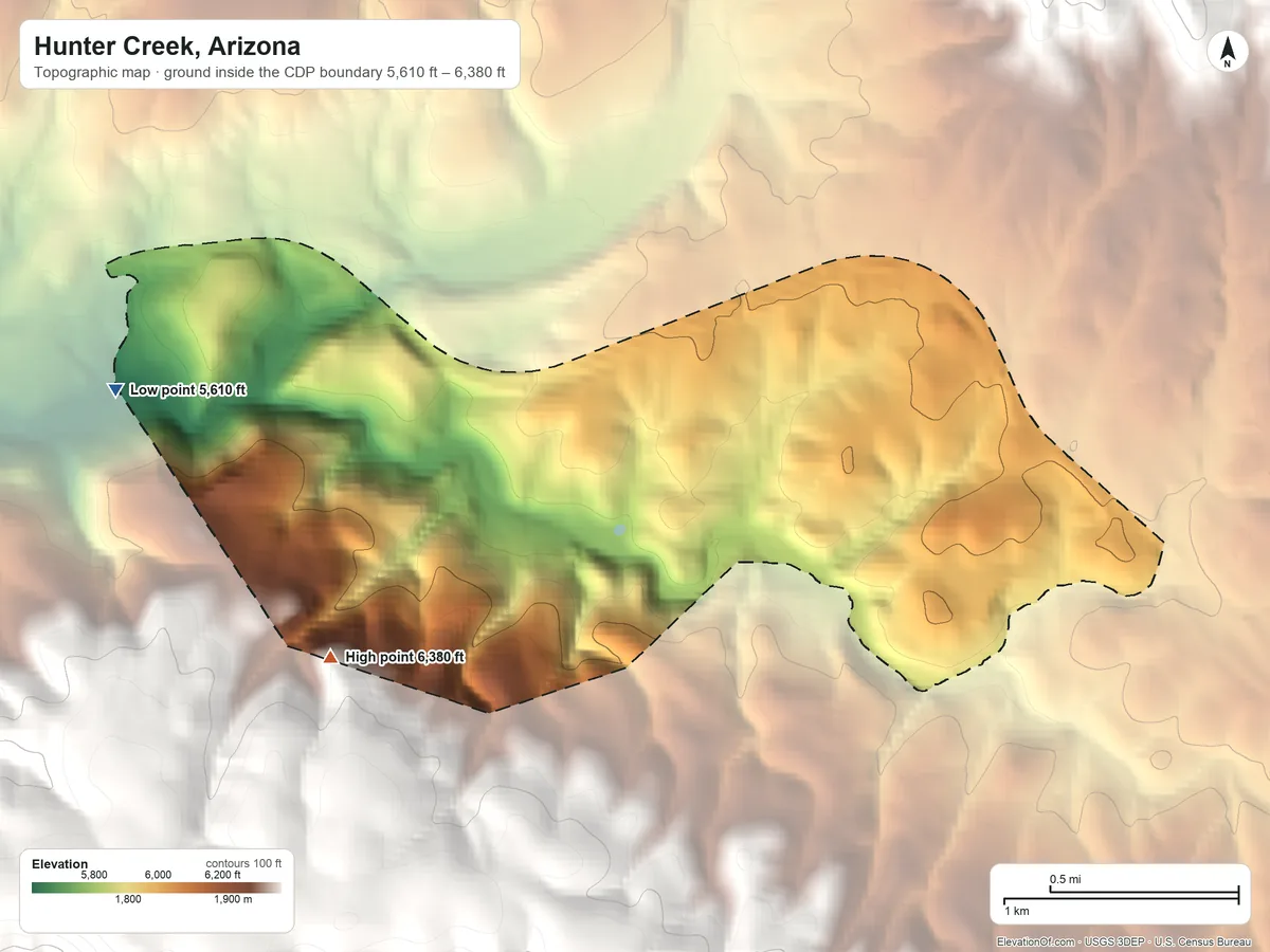 Topographic elevation map of Hunter Creek, Arizona, shaded from 5,610 ft on the west side to 6,380 ft at the foot of the Green Valley Hills