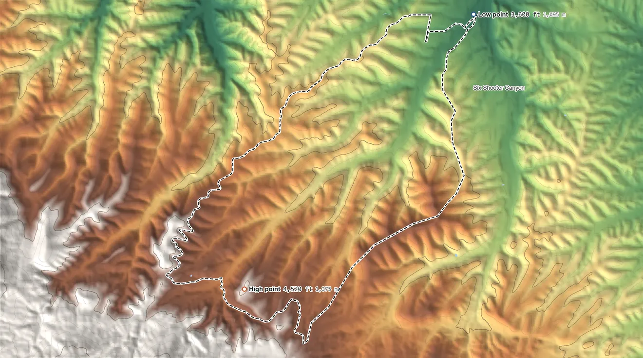 Topographic elevation map of Icehouse Canyon, Arizona, shaded from 3,600 ft on the northeast side to 4,520 ft at the foot of the Pinal Mountains