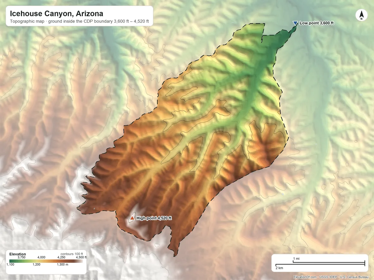 Topographic elevation map of Icehouse Canyon, Arizona, shaded from 3,600 ft on the northeast side to 4,520 ft at the foot of the Pinal Mountains