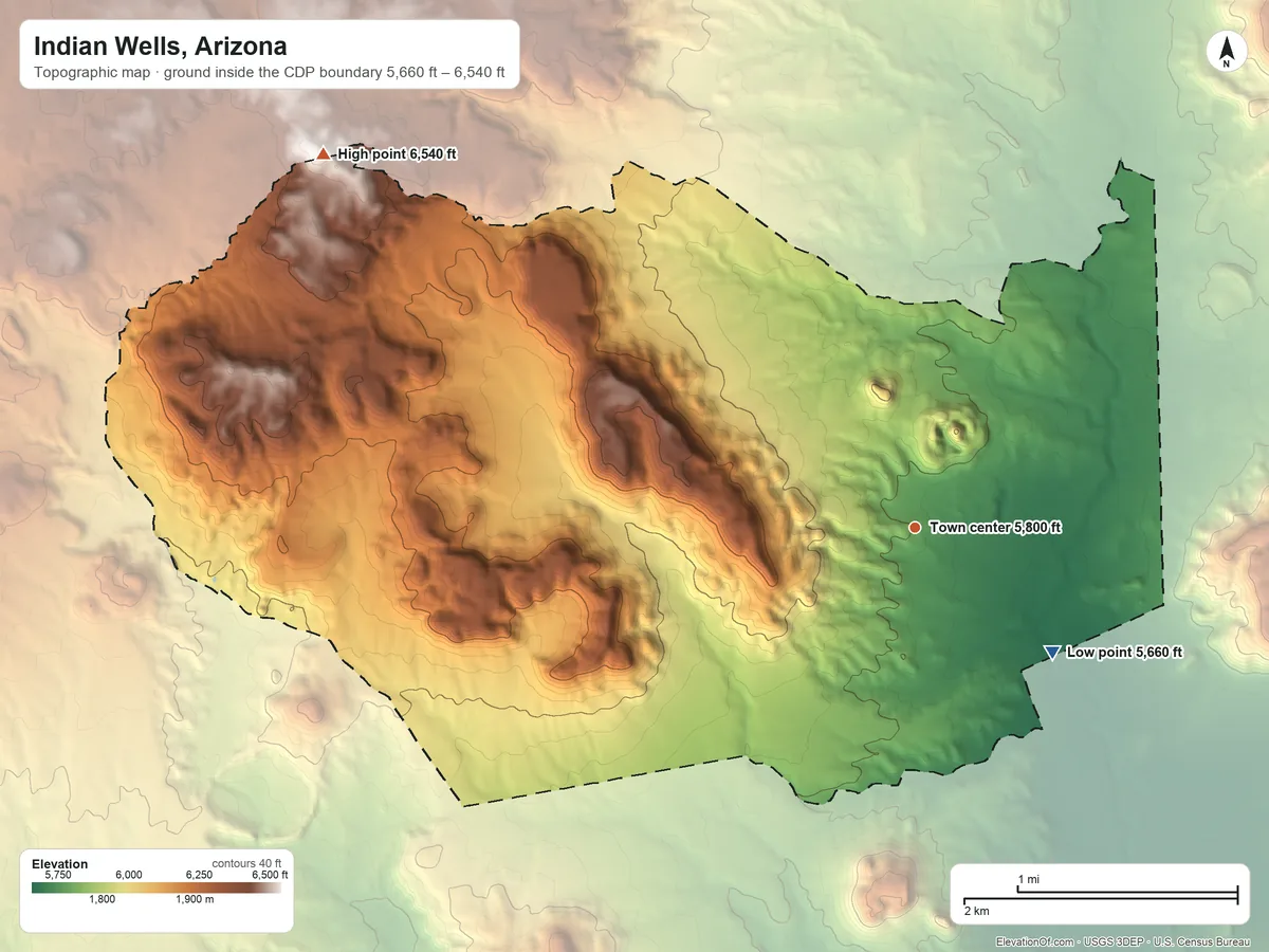 Topographic elevation map of Indian Wells, Arizona, shaded from 5,660 ft on the southeast side to 6,540 ft on the northwest side
