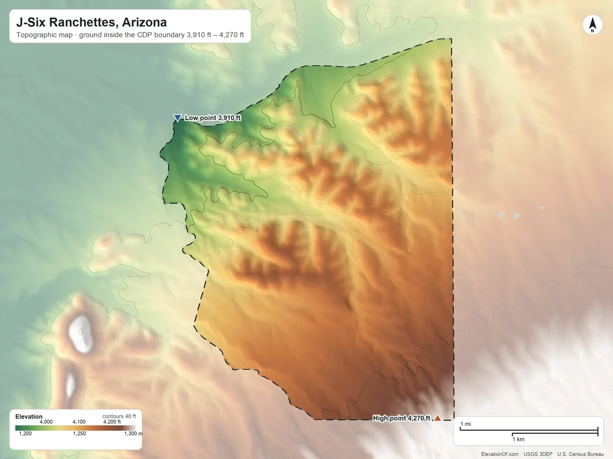 Topographic elevation map of J-Six Ranchettes, Arizona, shaded from 3,910 ft on the northwest side to 4,270 ft on the southeast side