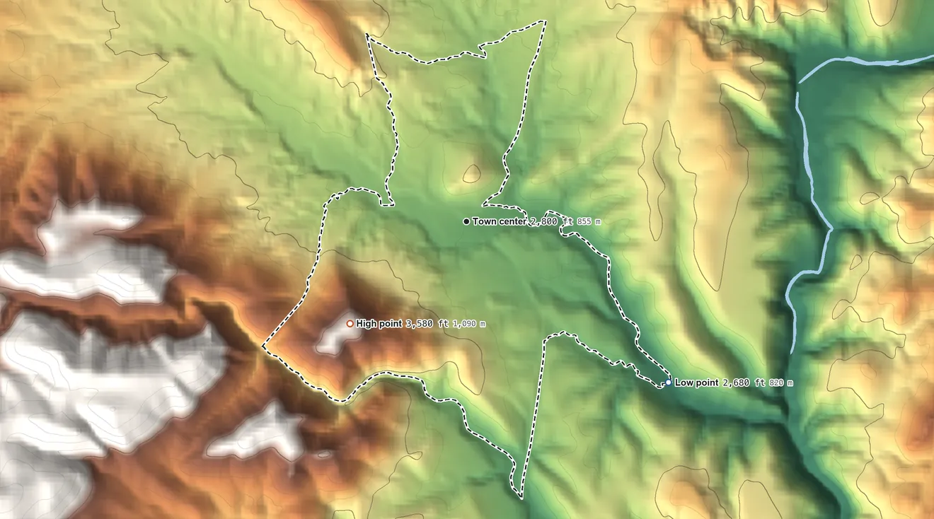 Topographic elevation map of Jakes Corner, Arizona, shaded from 2,680 ft on the southeast side to 3,580 ft at the foot of the Mazatzal Mountains