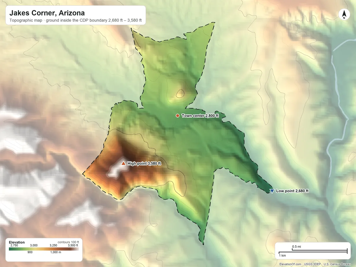 Topographic elevation map of Jakes Corner, Arizona, shaded from 2,680 ft on the southeast side to 3,580 ft at the foot of the Mazatzal Mountains