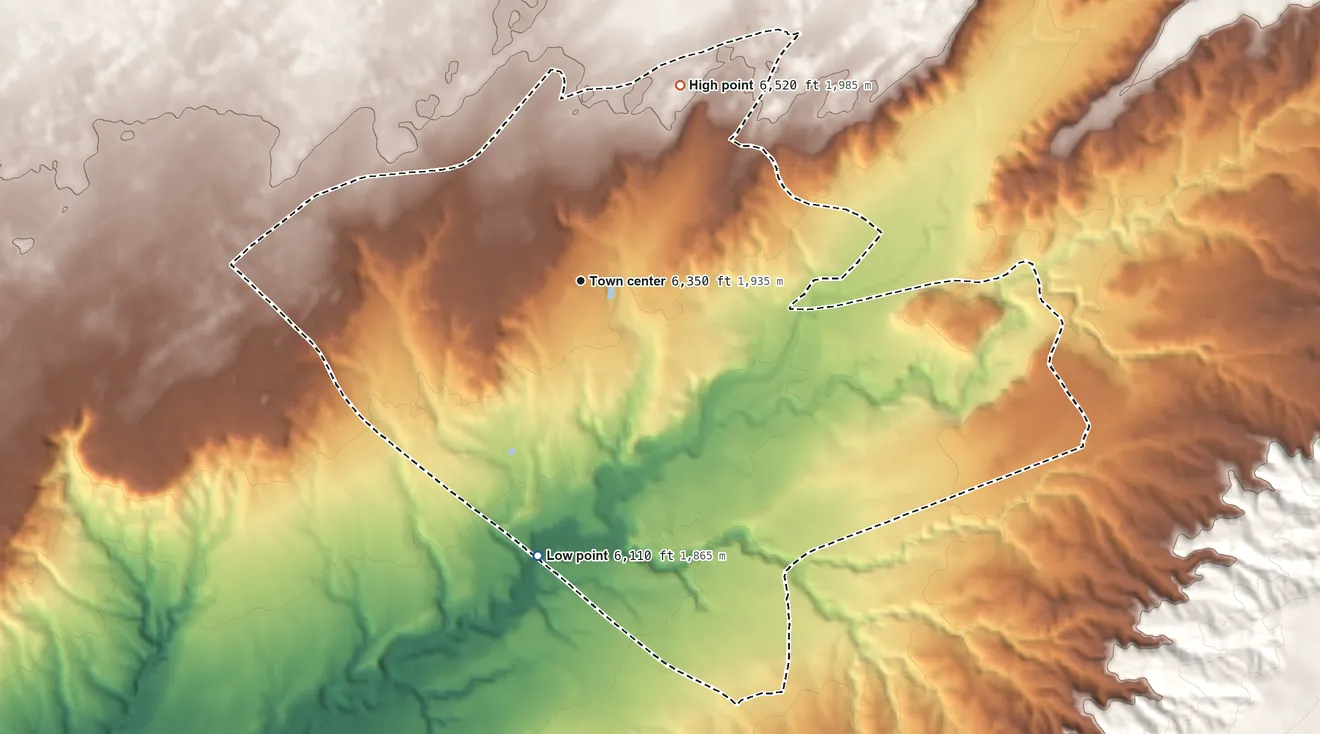 Topographic elevation map of Jeddito, Arizona, shaded from 6,110 ft on the south side to 6,520 ft on the northeast side