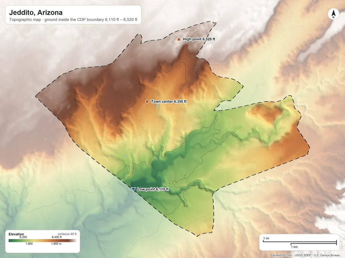Topographic elevation map of Jeddito, Arizona, shaded from 6,110 ft on the south side to 6,520 ft on the northeast side