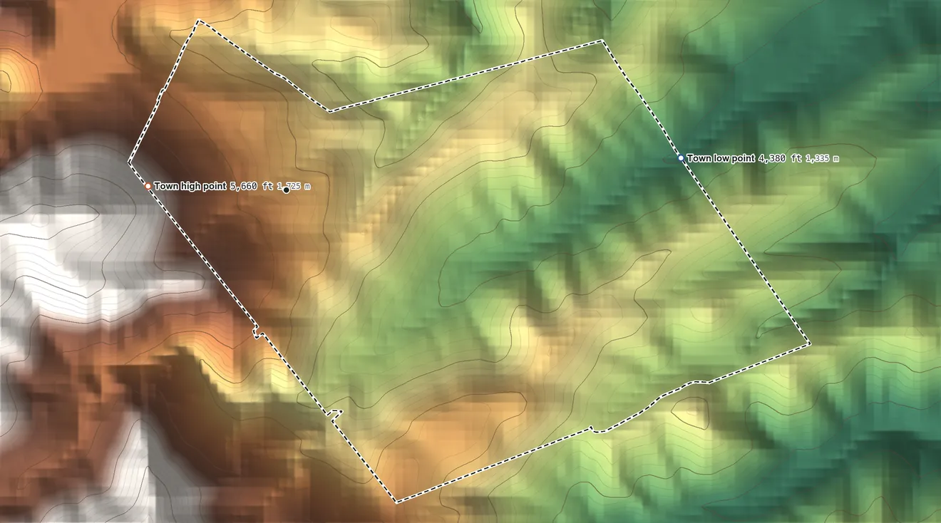 Topographic elevation map of Jerome, Arizona, shaded from 4,380 ft on the east side to 5,660 ft at the foot of the Antelope Hills
