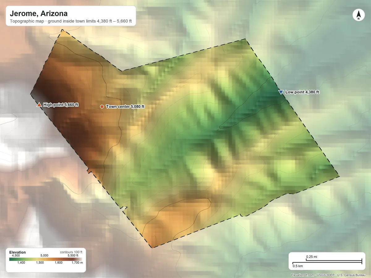 Topographic elevation map of Jerome, Arizona, shaded from 4,380 ft on the east side to 5,660 ft at the foot of the Antelope Hills
