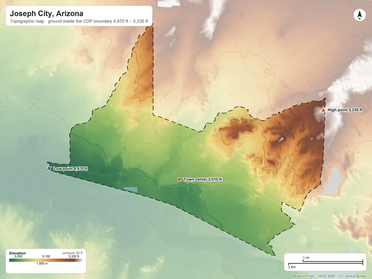 Topographic elevation map of Joseph City, Arizona, shaded from 4,970 ft on the west side to 5,230 ft on the northeast side