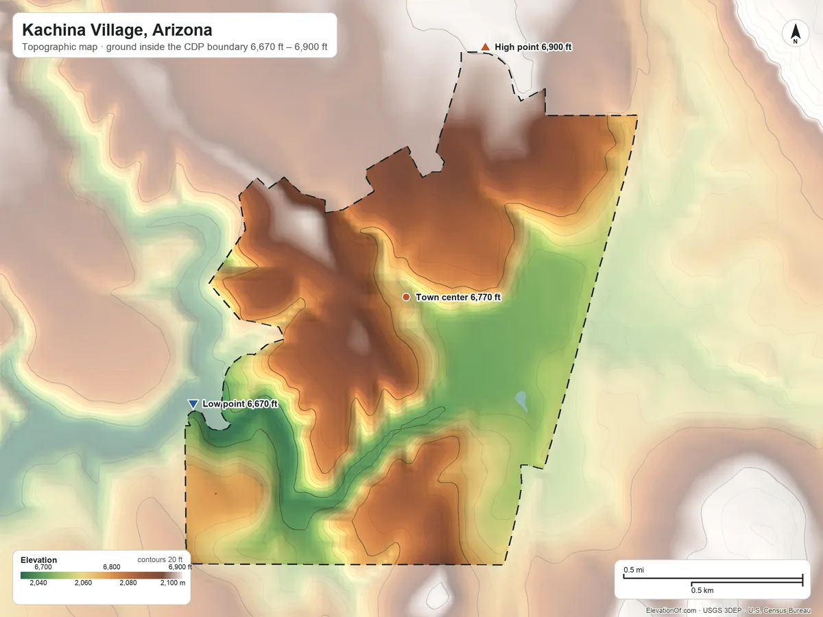 Topographic elevation map of Kachina Village, Arizona, shaded from 6,670 ft on the southwest side to 6,900 ft on the north side