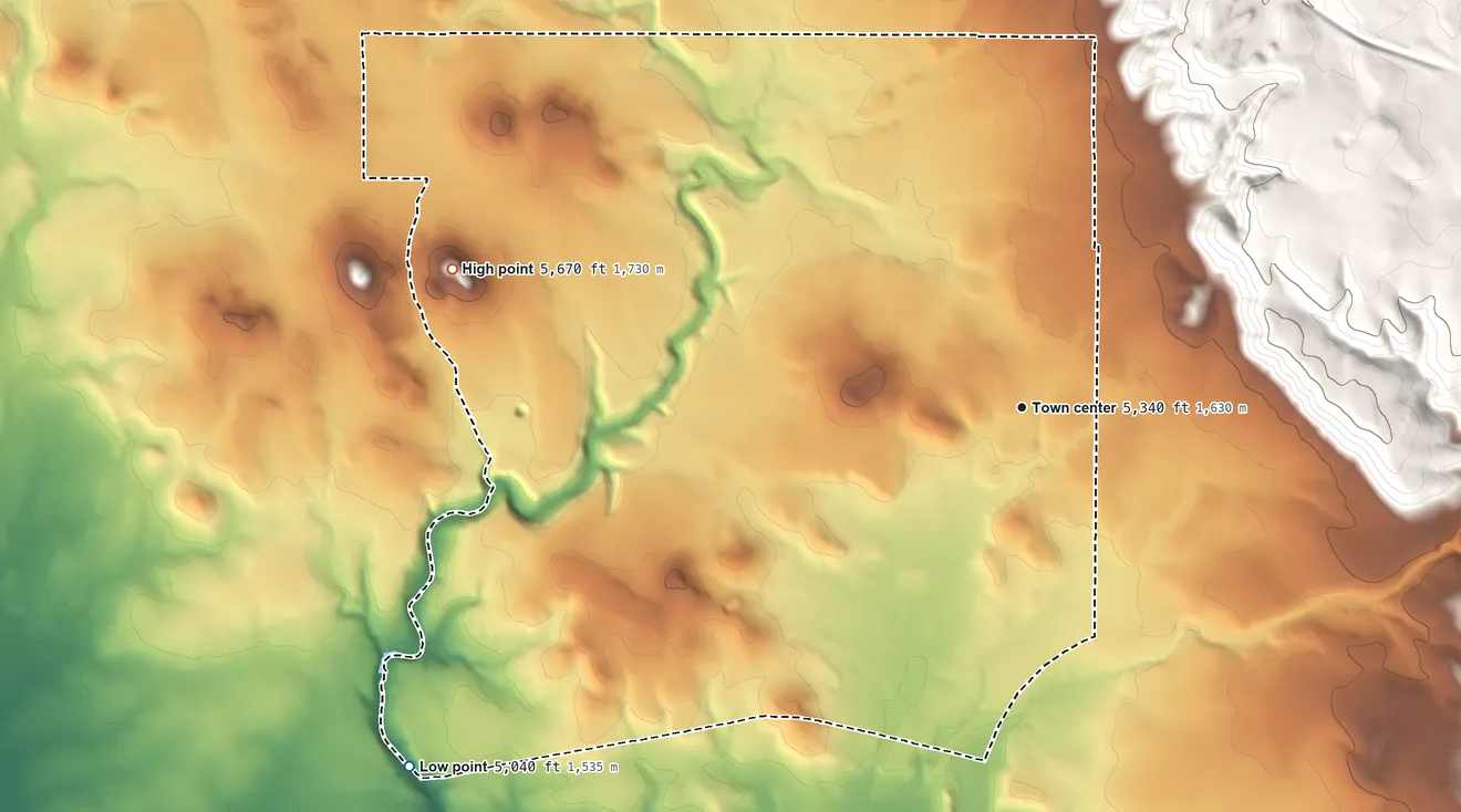 Topographic elevation map of Kaibab Estates West, Arizona, shaded from 5,040 ft on the southwest side to 5,670 ft on the west side