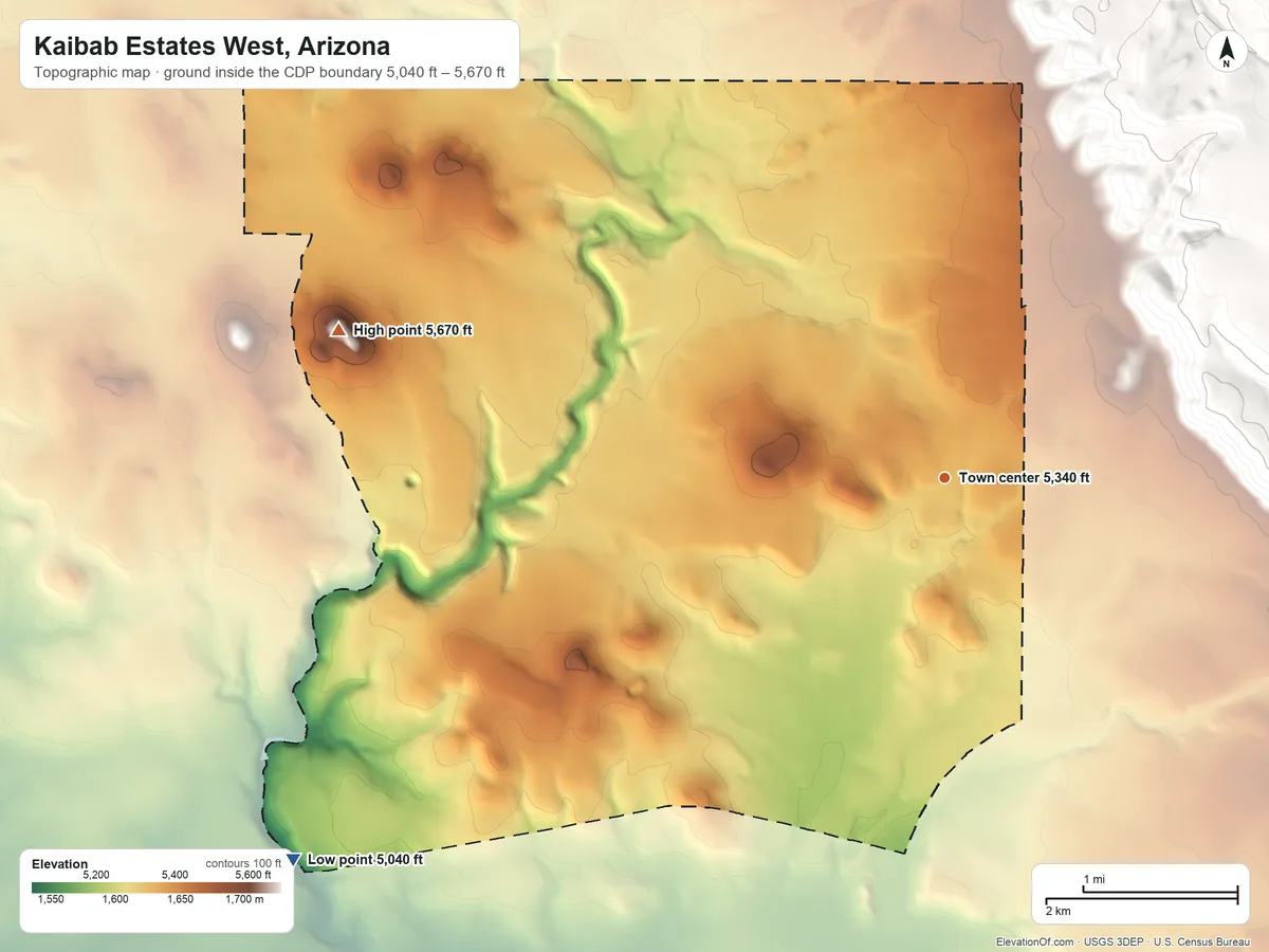 Topographic elevation map of Kaibab Estates West, Arizona, shaded from 5,040 ft on the southwest side to 5,670 ft on the west side