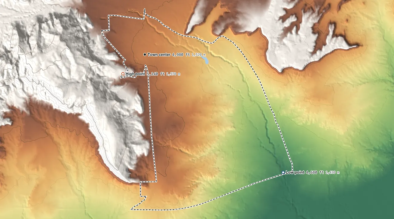 Topographic elevation map of Kaibab, Arizona, shaded from 4,680 ft on the southeast side to 5,140 ft at the foot of the Moccasin Mountains