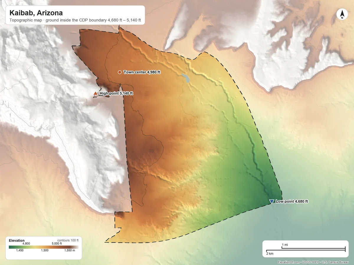 Topographic elevation map of Kaibab, Arizona, shaded from 4,680 ft on the southeast side to 5,140 ft at the foot of the Moccasin Mountains