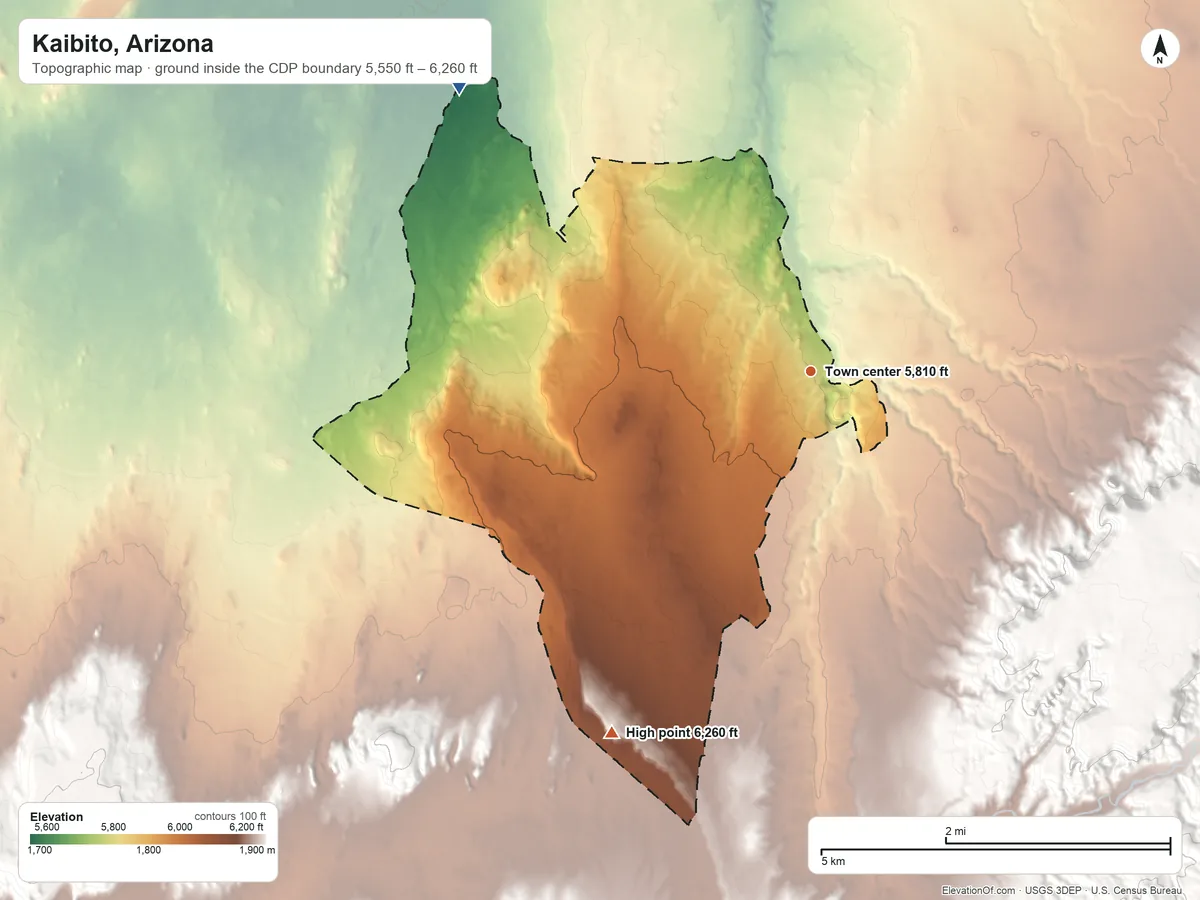 Topographic elevation map of Kaibito, Arizona, shaded from 5,550 ft on the northwest side to 6,260 ft on the southwest side
