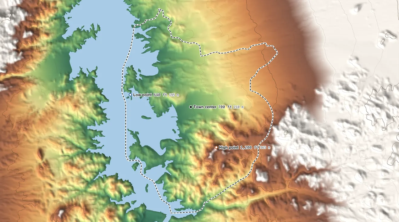 Topographic elevation map of Katherine, Arizona, shaded from 640 ft on the west side to 1,200 ft on the southeast edge, below higher ground just outside