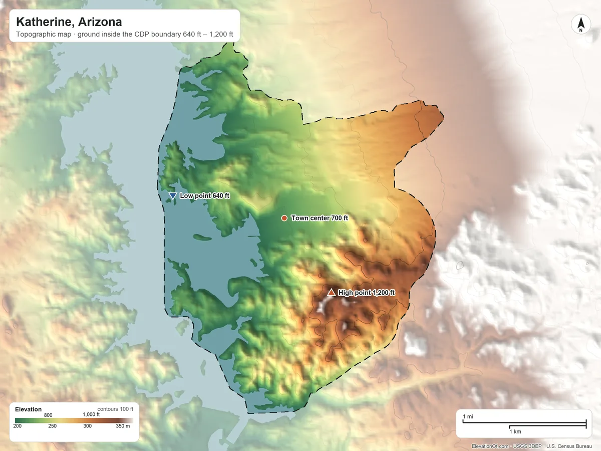 Topographic elevation map of Katherine, Arizona, shaded from 640 ft on the west side to 1,200 ft on the southeast edge, below higher ground just outside