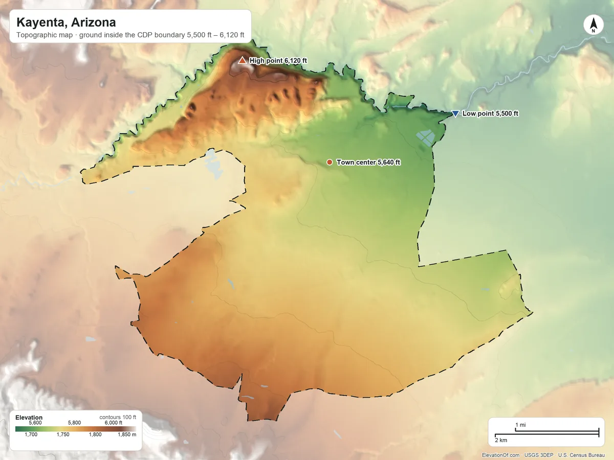 Topographic elevation map of Kayenta, Arizona, shaded from 5,500 ft on the east side to 6,120 ft at the foot of the Segi Mesas