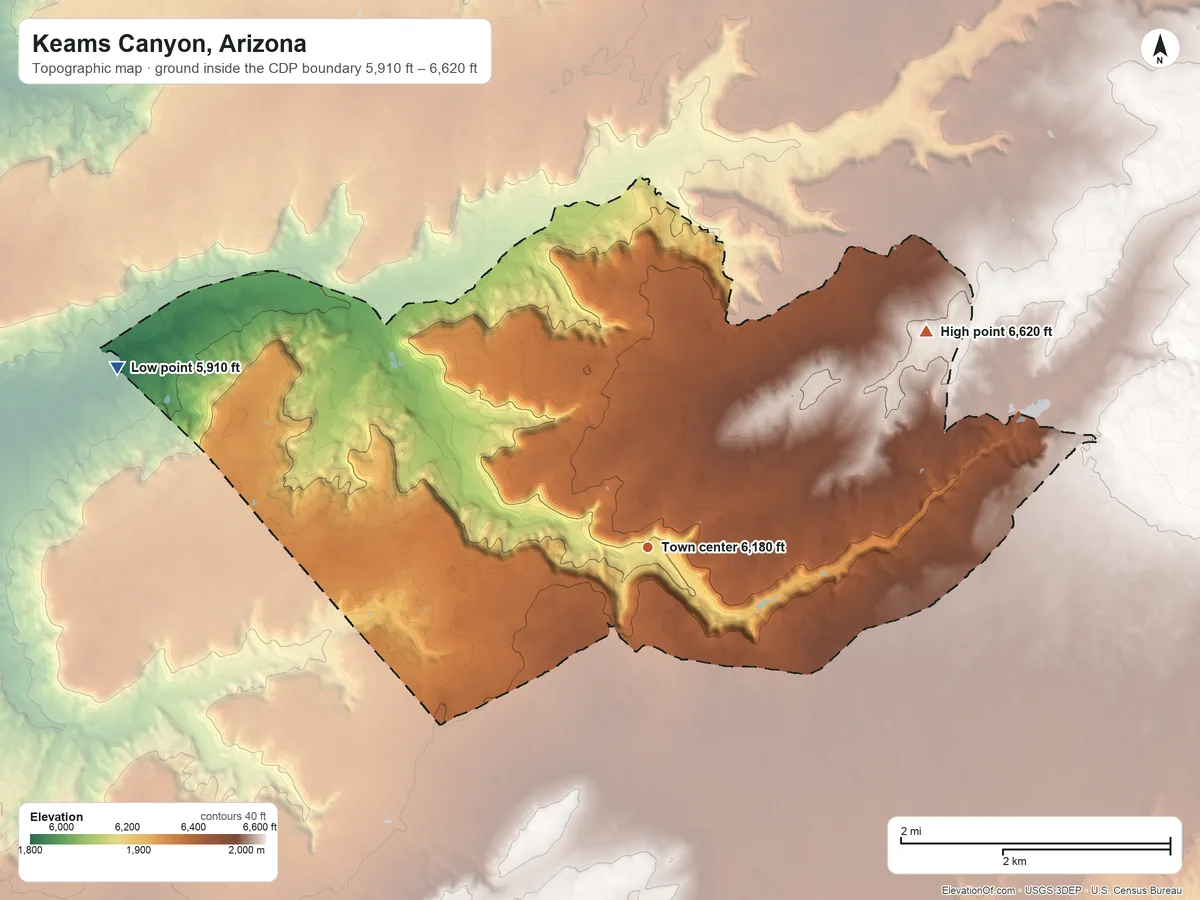 Topographic elevation map of Keams Canyon, Arizona, shaded from 5,910 ft on the west side to 6,620 ft on the northeast side