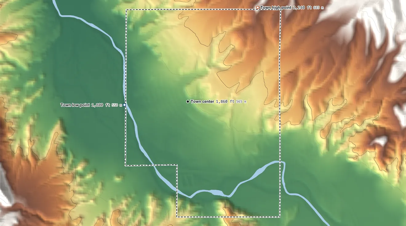 Topographic elevation map of Kearny, Arizona, shaded from 1,800 ft on the west side to 2,240 ft at the foot of the Dripping Spring Mountains
