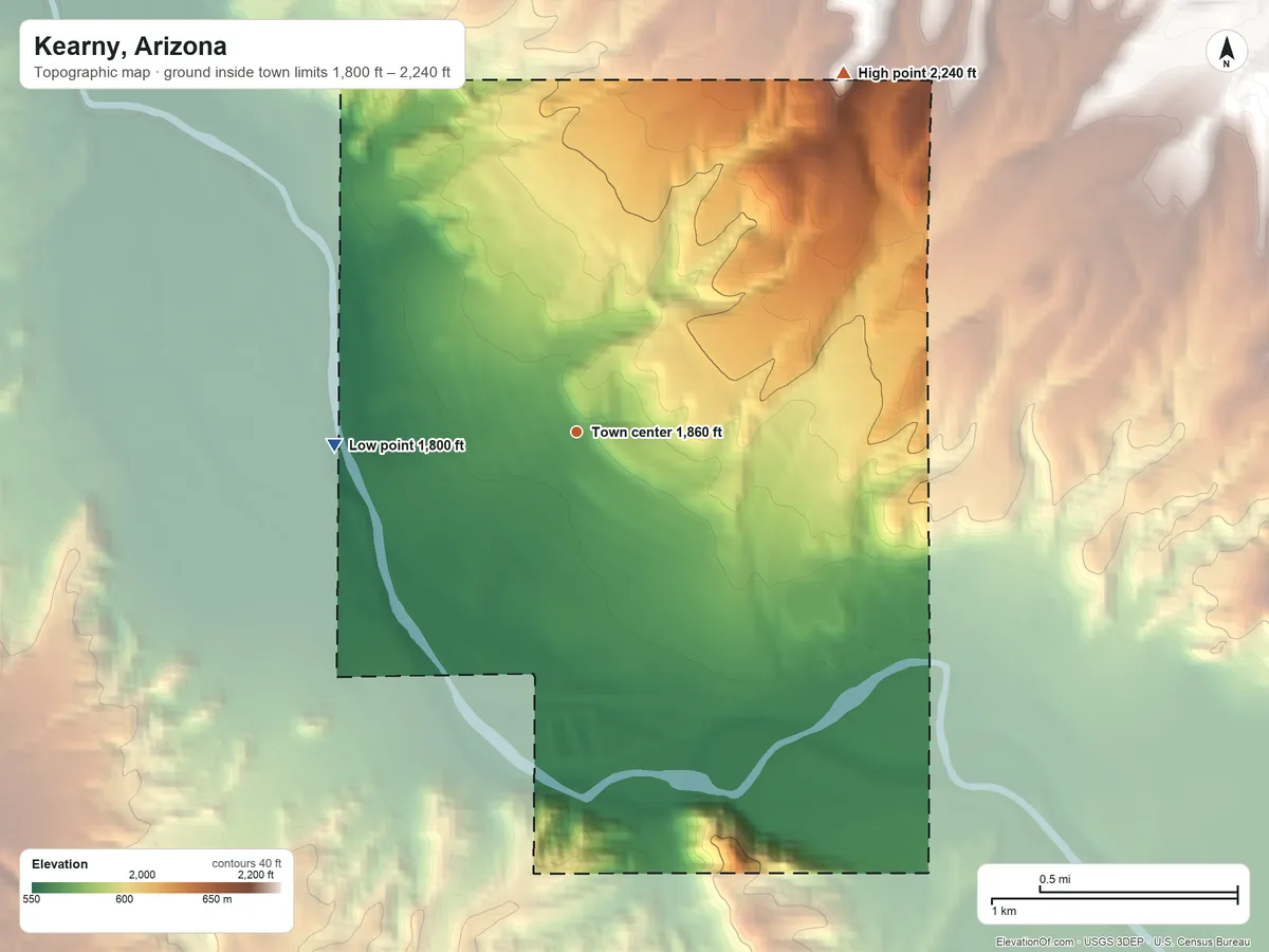 Topographic elevation map of Kearny, Arizona, shaded from 1,800 ft on the west side to 2,240 ft at the foot of the Dripping Spring Mountains