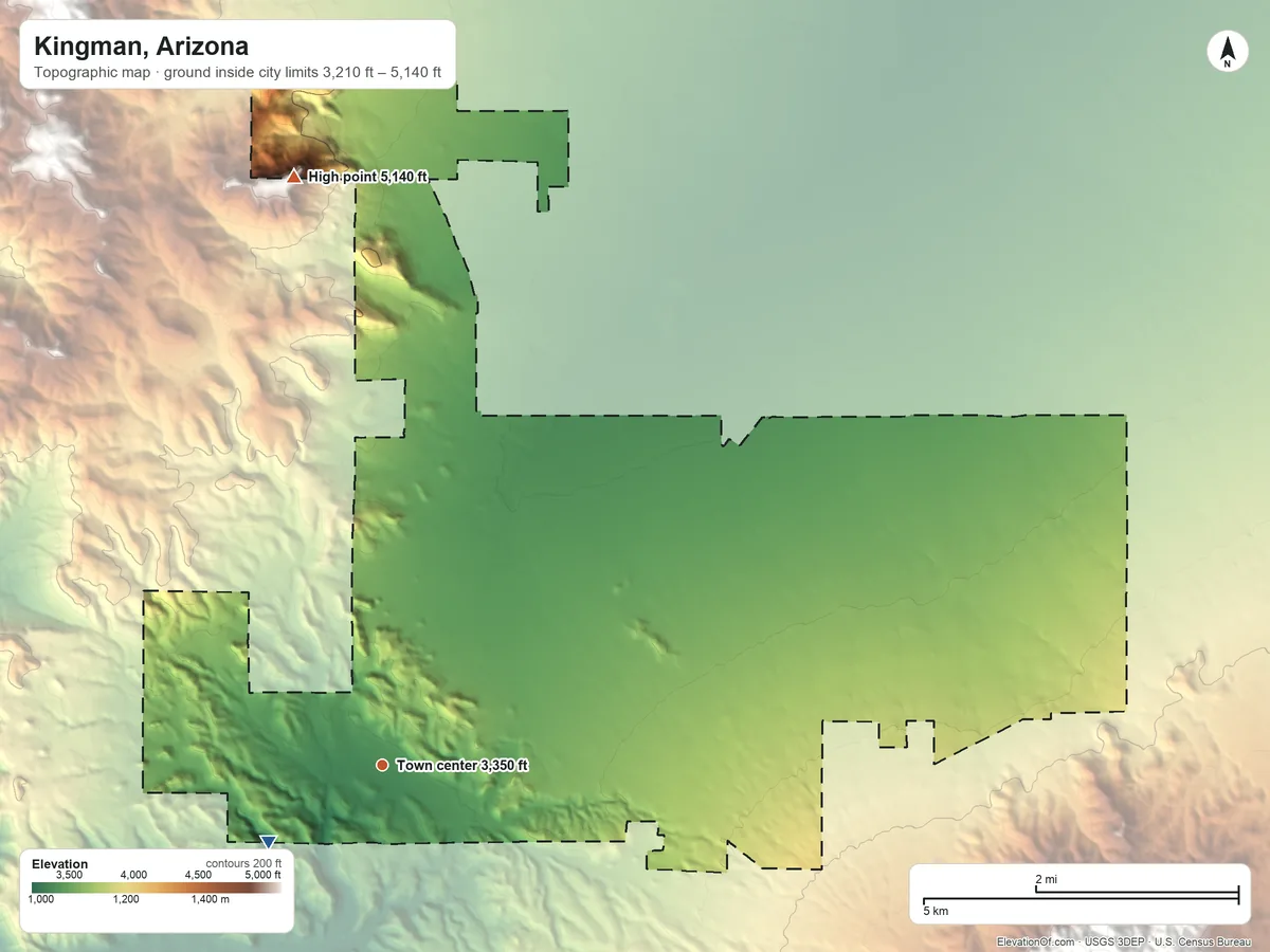 Topographic elevation map of Kingman, Arizona, shaded from 3,210 ft on the southwest side to 5,140 ft on Bull Mountain