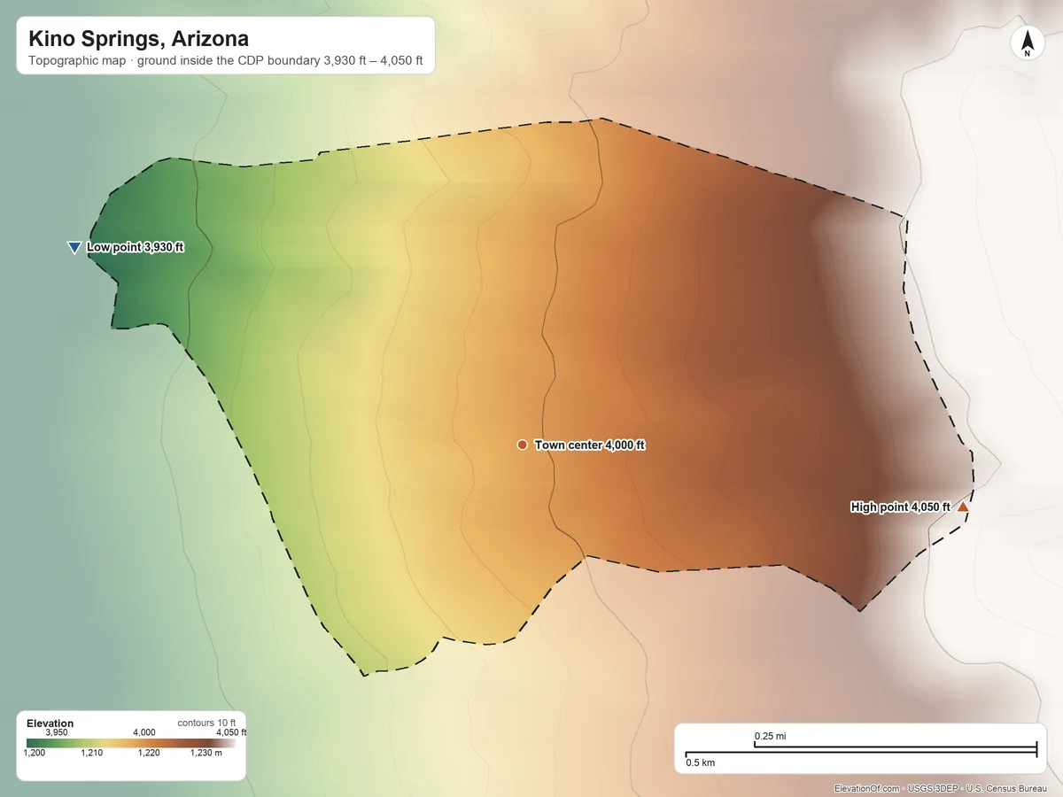 Topographic elevation map of Kino Springs, Arizona, shaded from 3,930 ft on the northwest side to 4,050 ft at the foot of the Patagonia Mountains