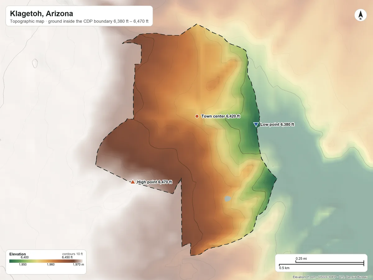 Topographic elevation map of Klagetoh, Arizona, shaded from 6,380 ft on the east side to 6,470 ft on the southwest side