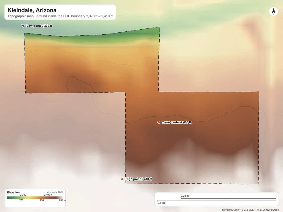 Topographic elevation map of Kleindale, Arizona, shaded from 2,370 ft on the northwest side to 2,410 ft on the southwest side