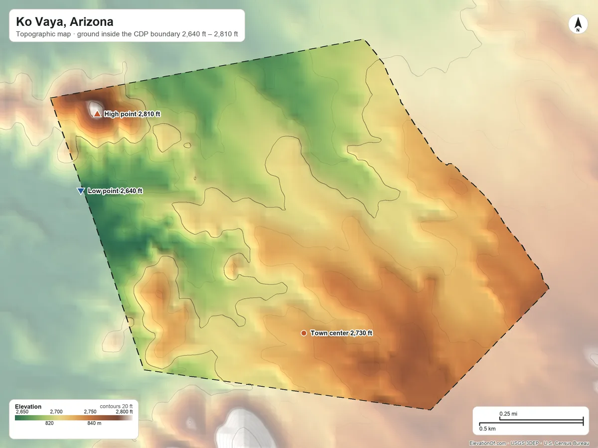 Topographic elevation map of Ko Vaya, Arizona, shaded from 2,640 ft on the northwest side to 2,810 ft at the foot of the Ko Vaya Hills