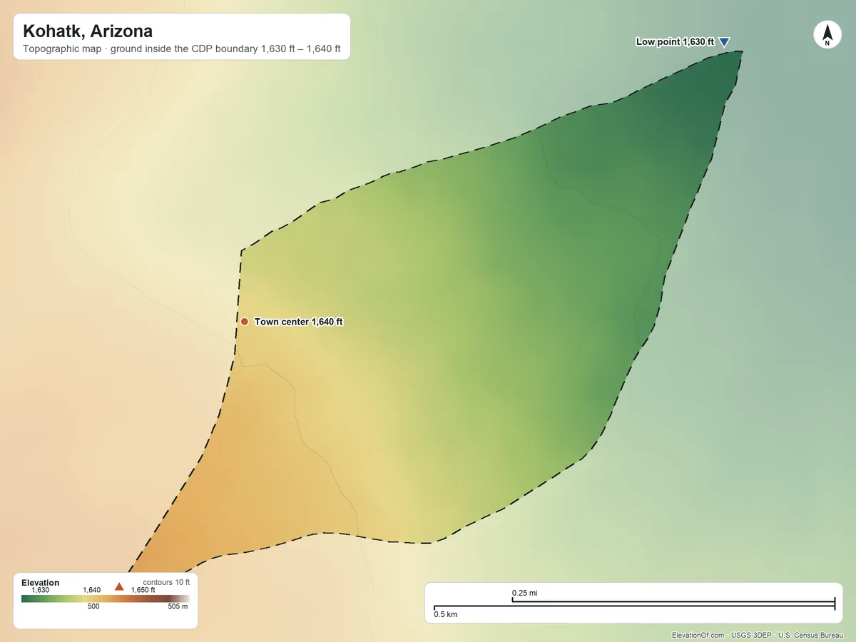 Topographic elevation map of Kohatk, Arizona, shaded from 1,630 ft on the northeast side to 1,640 ft on the southwest side