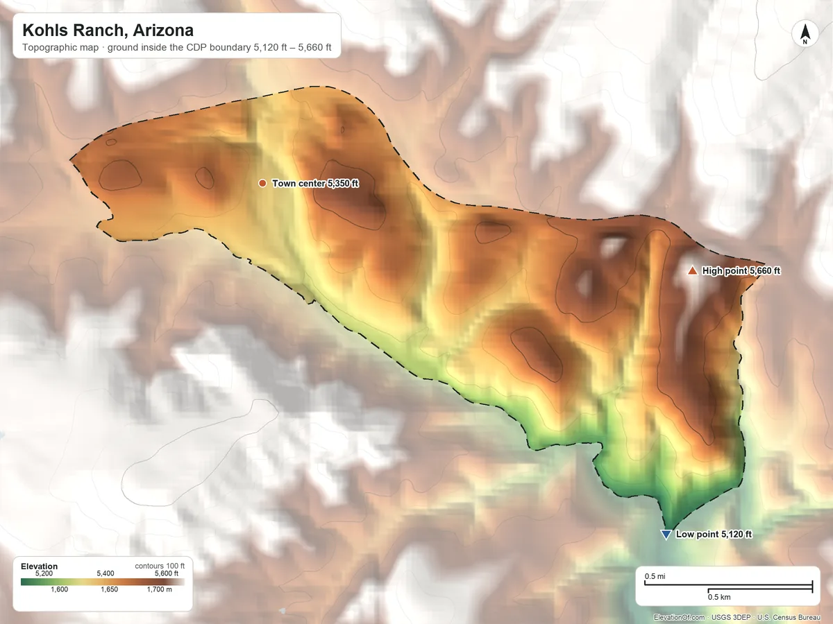Topographic elevation map of Kohls Ranch, Arizona, shaded from 5,120 ft on the southeast side to 5,660 ft at the foot of the Green Valley Hills