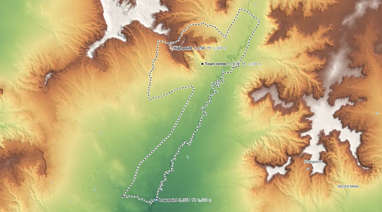 Topographic elevation map of Kykotsmovi Village, Arizona, shaded from 5,370 ft on the south side to 6,290 ft on the northwest side