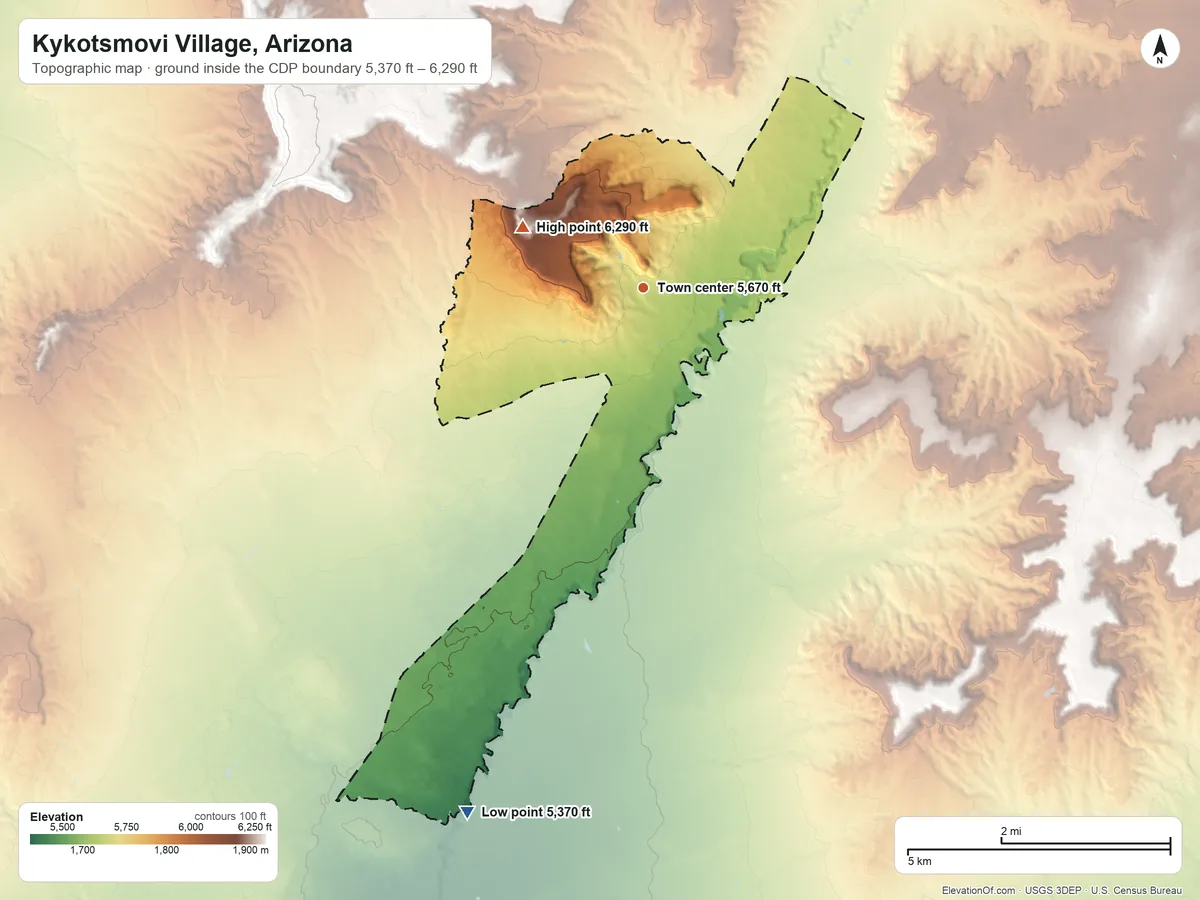 Topographic elevation map of Kykotsmovi Village, Arizona, shaded from 5,370 ft on the south side to 6,290 ft on the northwest side