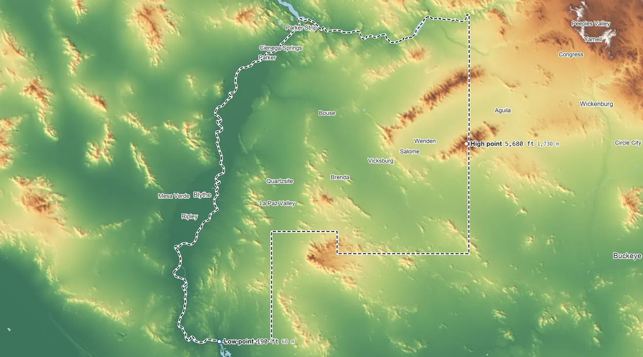 Topographic elevation map of La Paz County, Arizona, shaded from 190 ft on the southwest side to 5,680 ft on Harquahala Mountain