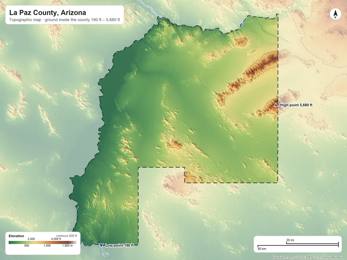 Topographic elevation map of La Paz County, Arizona, shaded from 190 ft on the southwest side to 5,680 ft on Harquahala Mountain