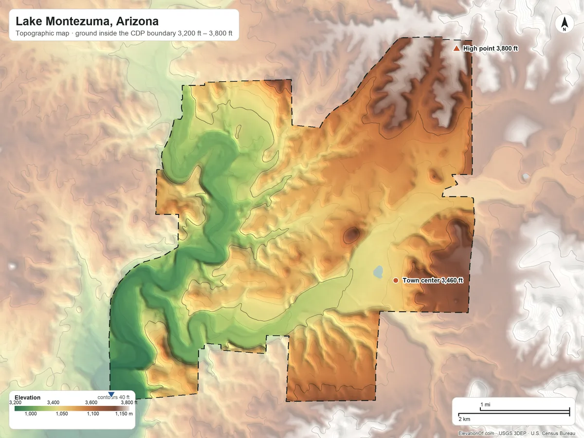 Topographic elevation map of Lake Montezuma, Arizona, shaded from 3,200 ft on the west side to 3,800 ft on the north side