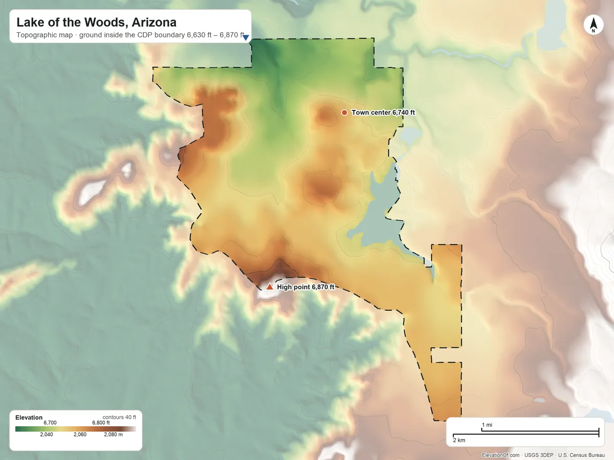 Topographic elevation map of Lake of the Woods, Arizona, shaded from 6,630 ft on the northwest side to 6,870 ft on the southwest side