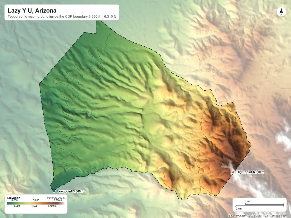 Topographic elevation map of Lazy Y U, Arizona, shaded from 3,660 ft on the southwest side to 6,310 ft at the foot of the Hualapai Mountains