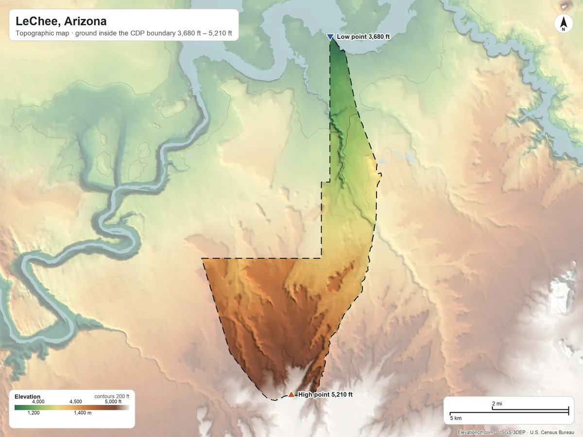 Topographic elevation map of LeChee, Arizona, shaded from 3,680 ft on the north side to 5,210 ft on the south side