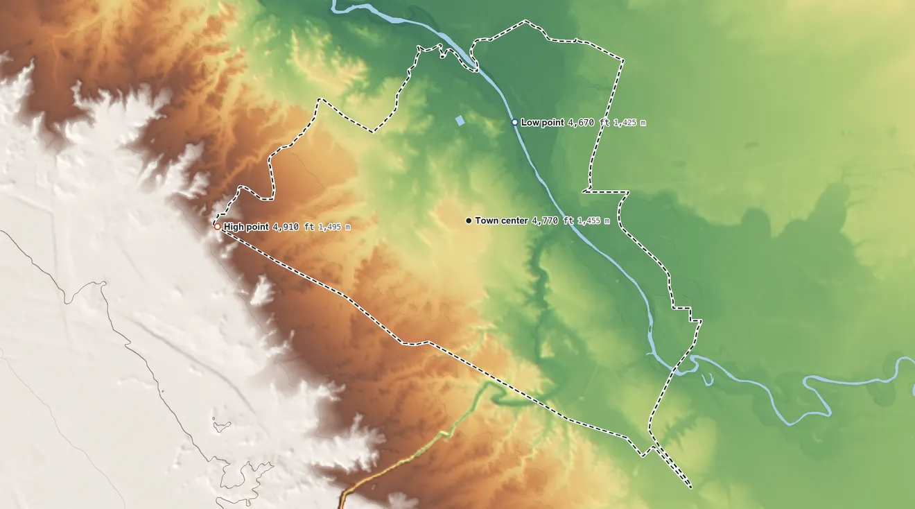 Topographic elevation map of Leupp, Arizona, shaded from 4,670 ft on the northeast side to 4,910 ft on the west side