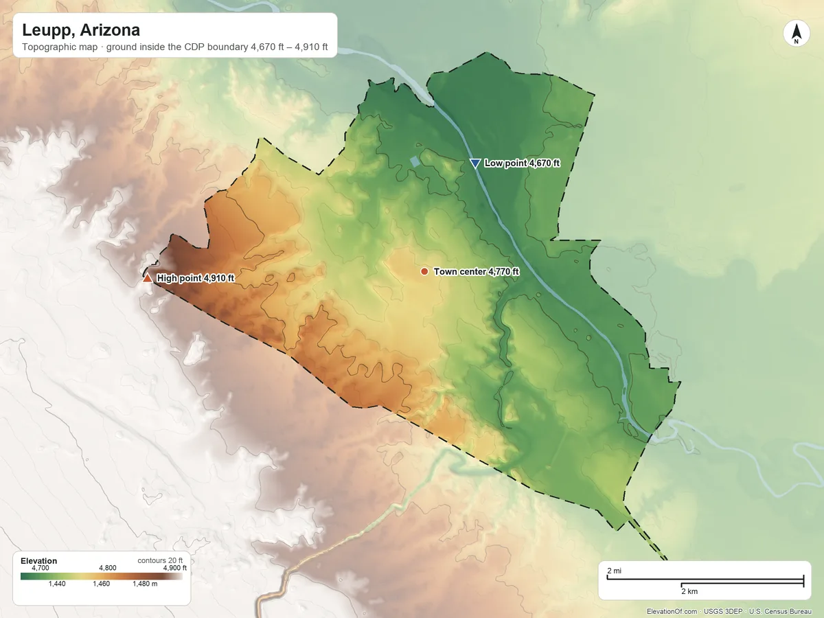 Topographic elevation map of Leupp, Arizona, shaded from 4,670 ft on the northeast side to 4,910 ft on the west side