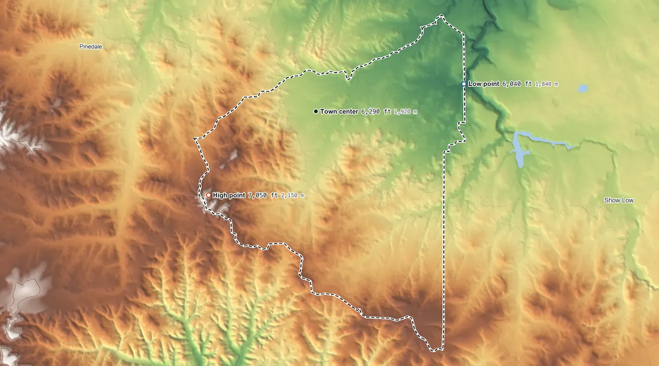 Topographic elevation map of Linden, Arizona, shaded from 6,040 ft on the east side to 7,050 ft on the southwest side