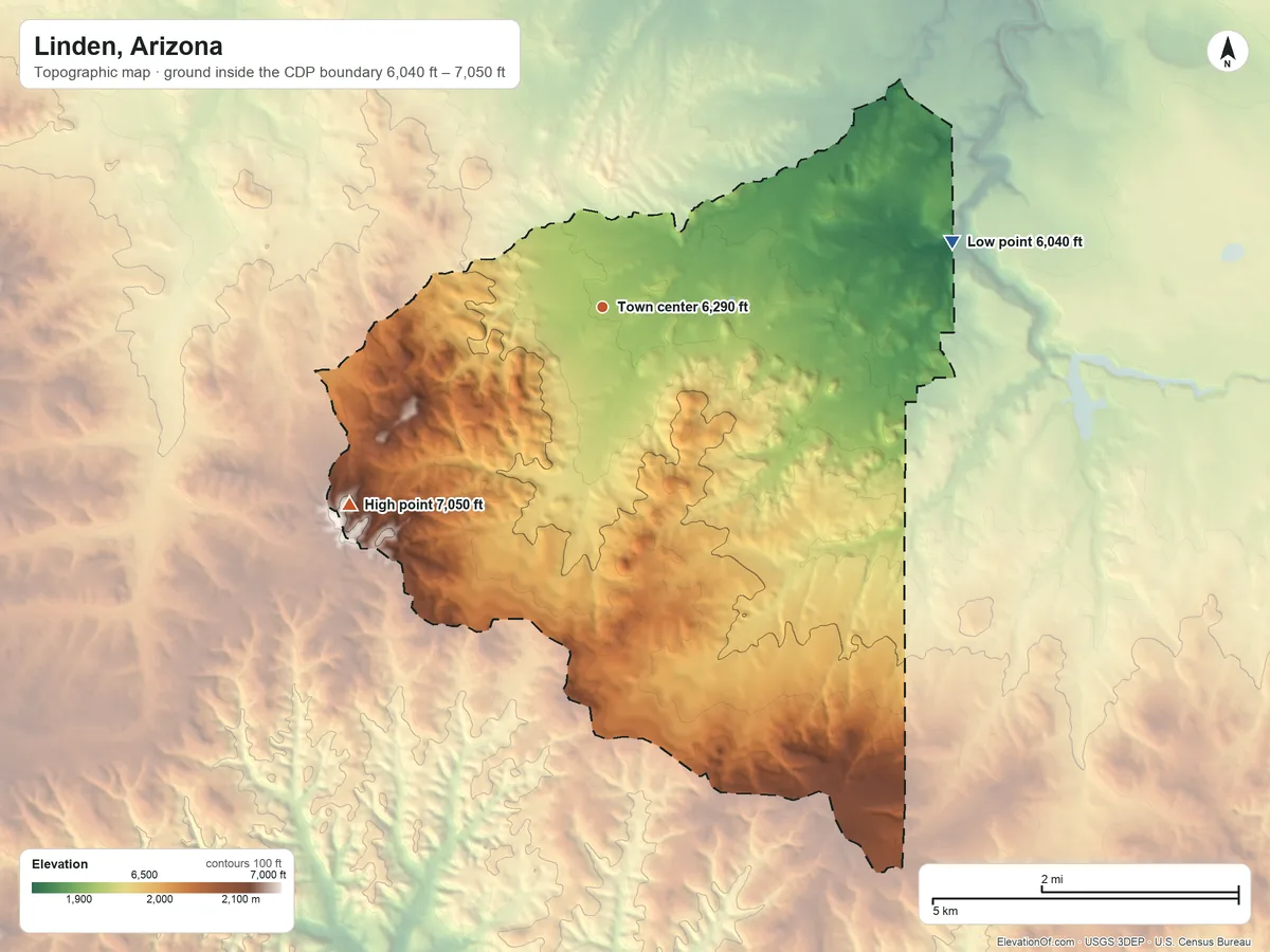 Topographic elevation map of Linden, Arizona, shaded from 6,040 ft on the east side to 7,050 ft on the southwest side