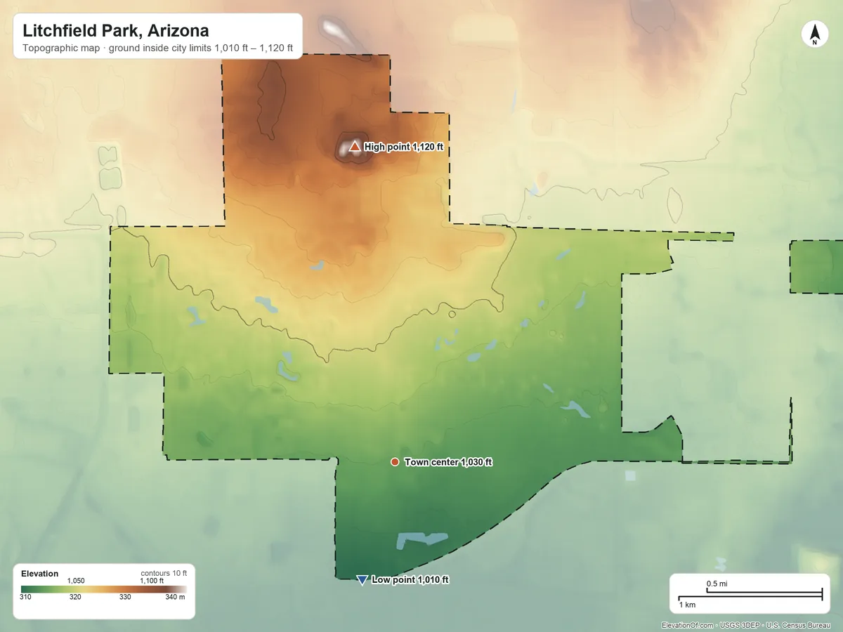 Topographic elevation map of Litchfield Park, Arizona, shaded from 1,010 ft on the south side to 1,120 ft on the north side