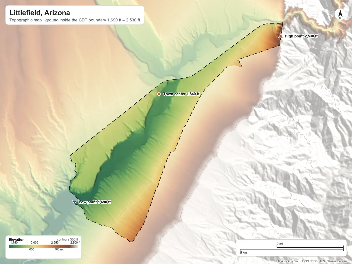 Topographic elevation map of Littlefield, Arizona, shaded from 1,690 ft on the southwest side to 2,530 ft at the foot of the Lime Hills