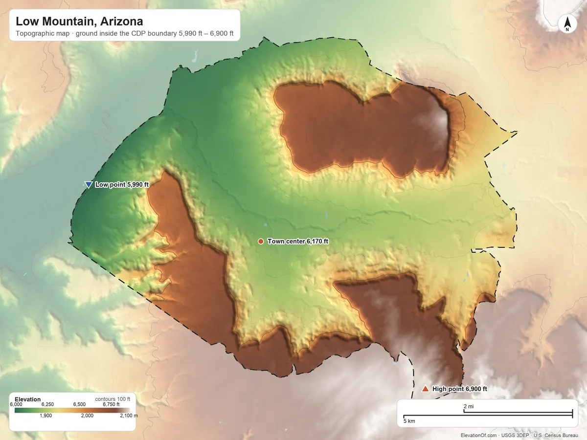 Topographic elevation map of Low Mountain, Arizona, shaded from 5,990 ft on the west side to 6,900 ft on the southeast side